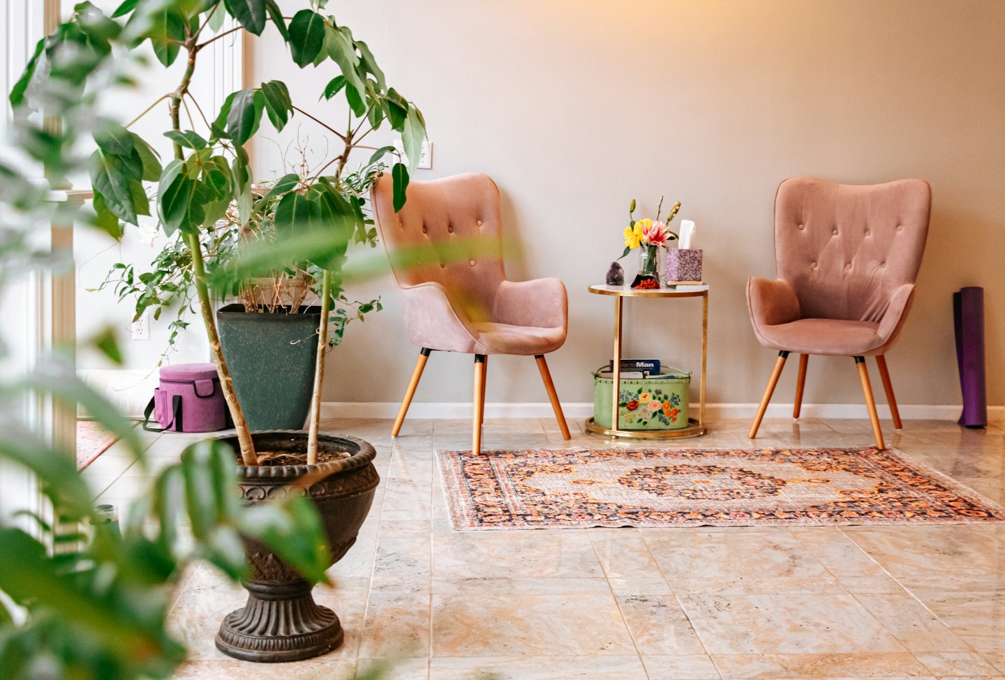 Two pink velvet armchairs with plants and a marble table.